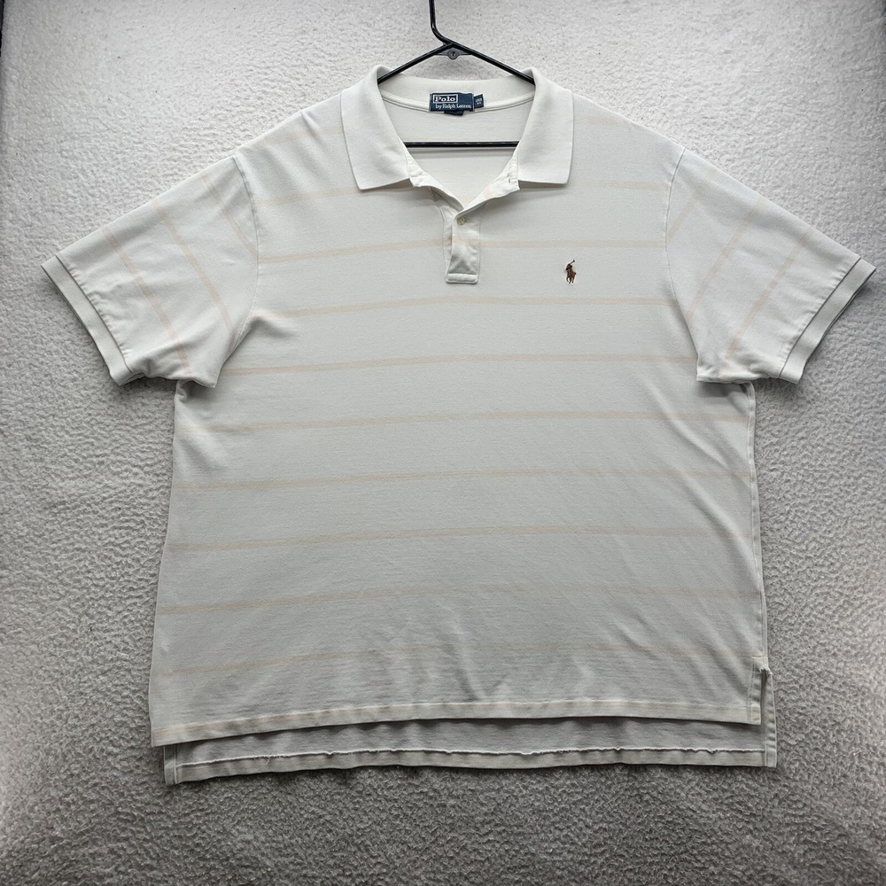 Polo Ralph Lauren Shirt Mens 3XB Big White Beige Stripe Mesh Preppy Casual Dad